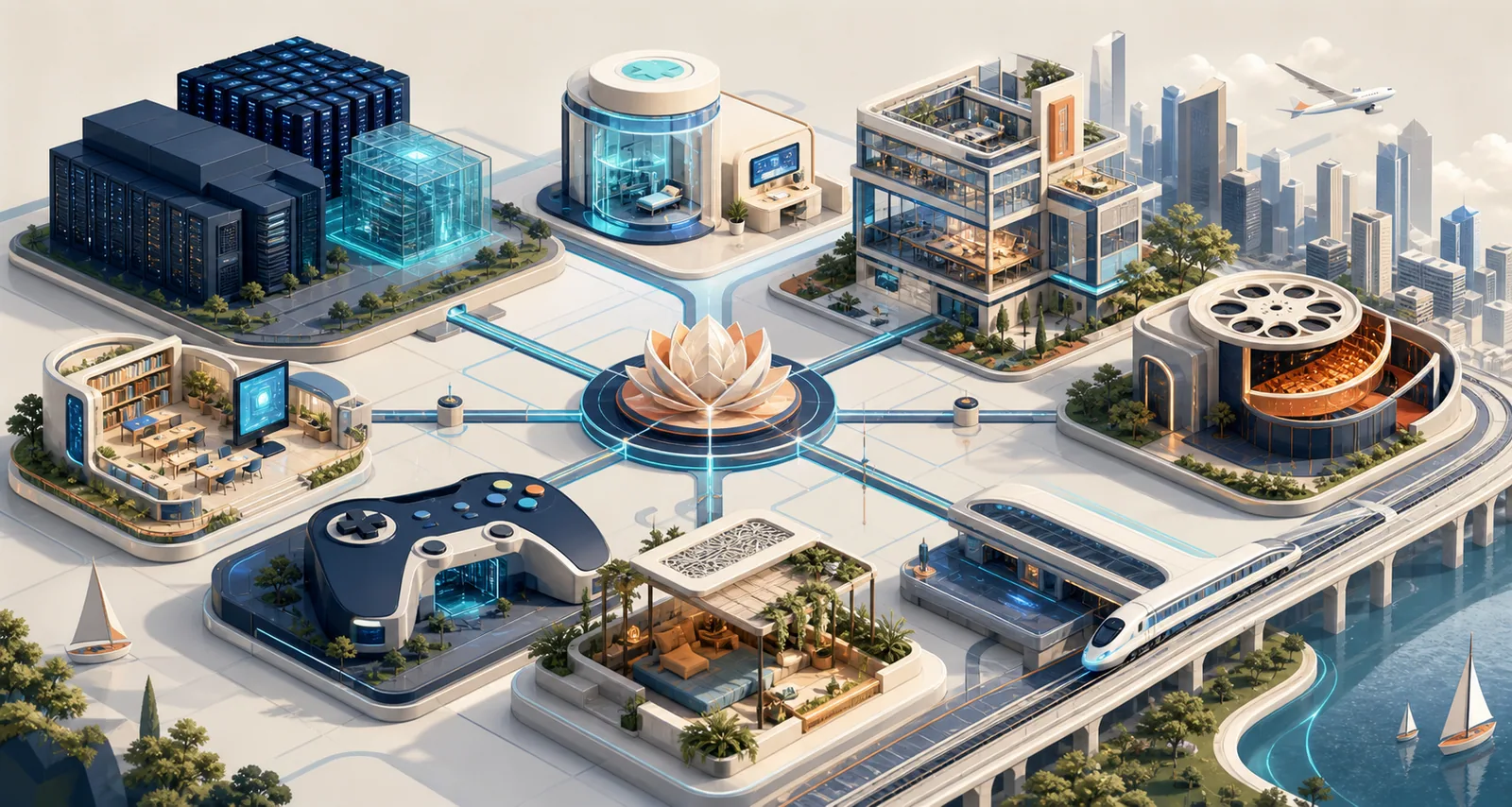 Connected technology, learning, business and culture illustration